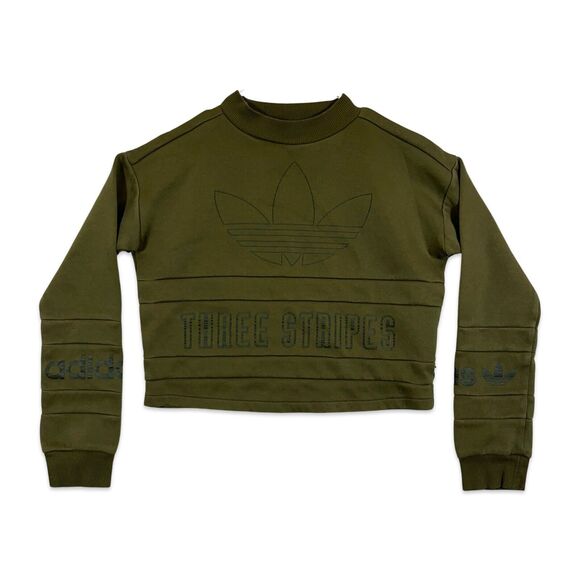 Adidas Women’s Sweatshirt Crop Crew Neck Olive Green Size Small Three Stripe - Picture 1 of 11